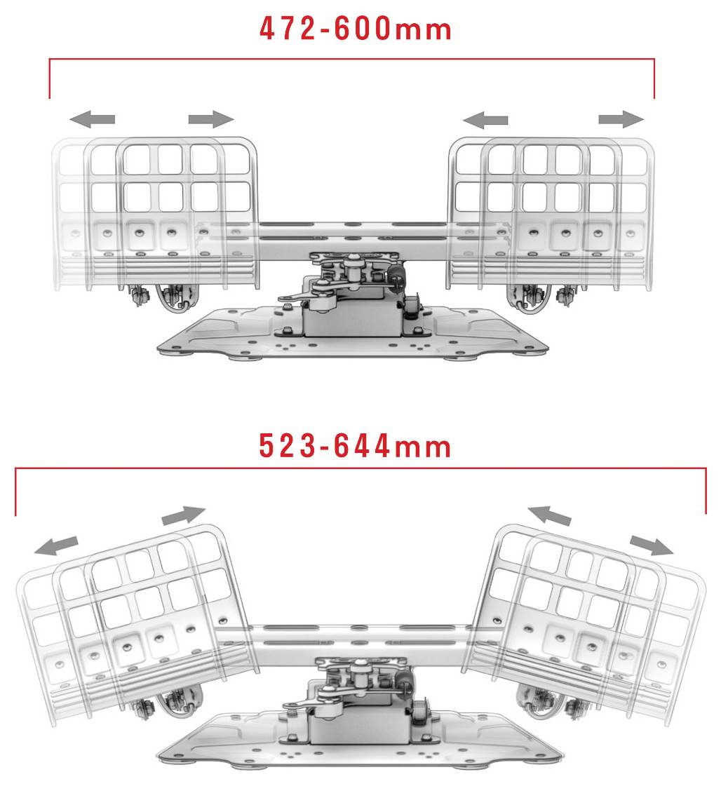 Diagram sedadla ukazující nastavitelnou šířku a rozsah náklonu: horní 472-600mm, dolní 523-644mm, se šipkami označujícími pohyb směrem ven a náklon