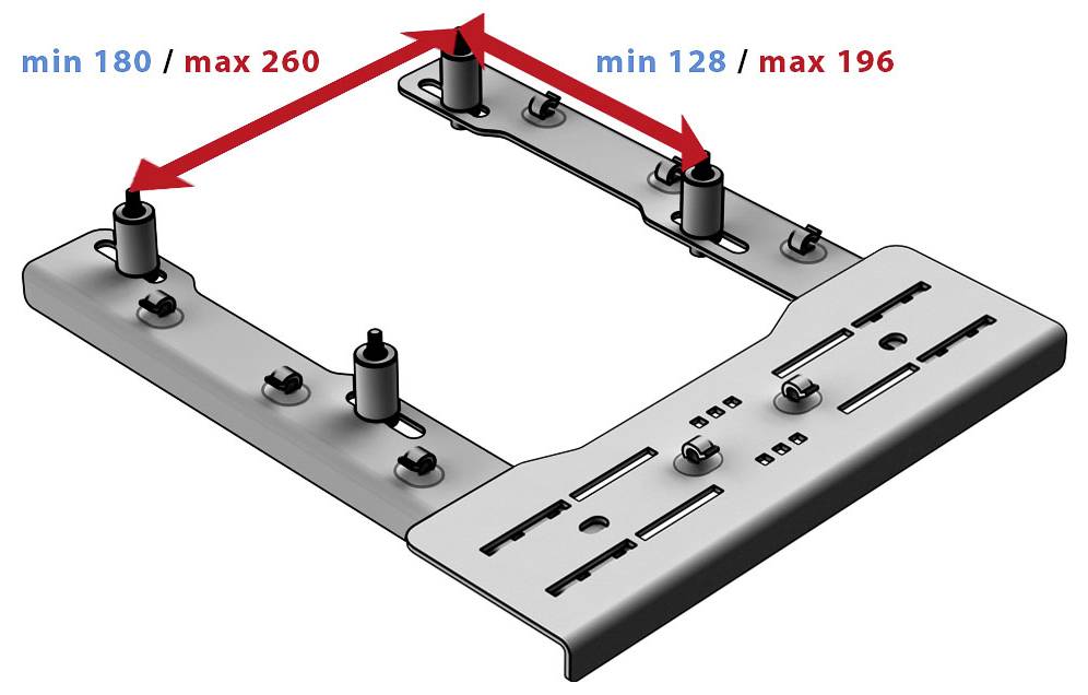 Diagram rámce pro montáž znázorňující nastavitelné rozestupy podpory: levá strana min 180/max 260, pravá strana min 128/max 196.