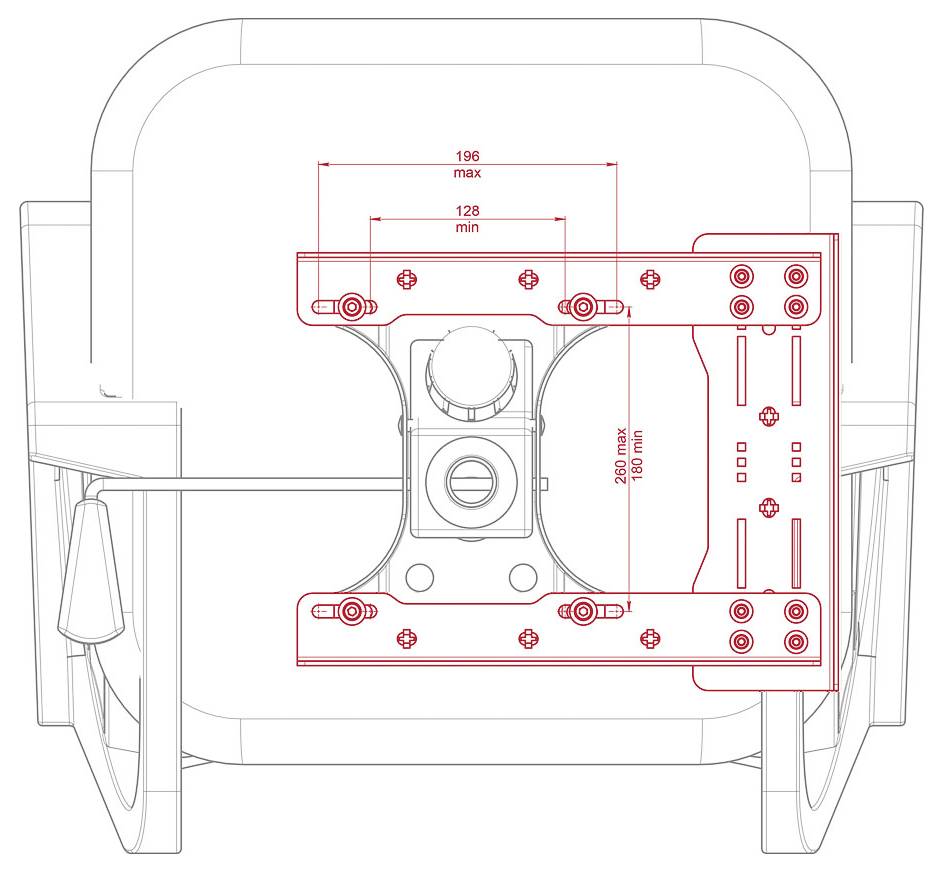 Technický diagram držáku zařízení s červenými měřícími překryty, ukazující pozice montáže a rozměry označené 196 max, 128 min a 250 max/150 min.