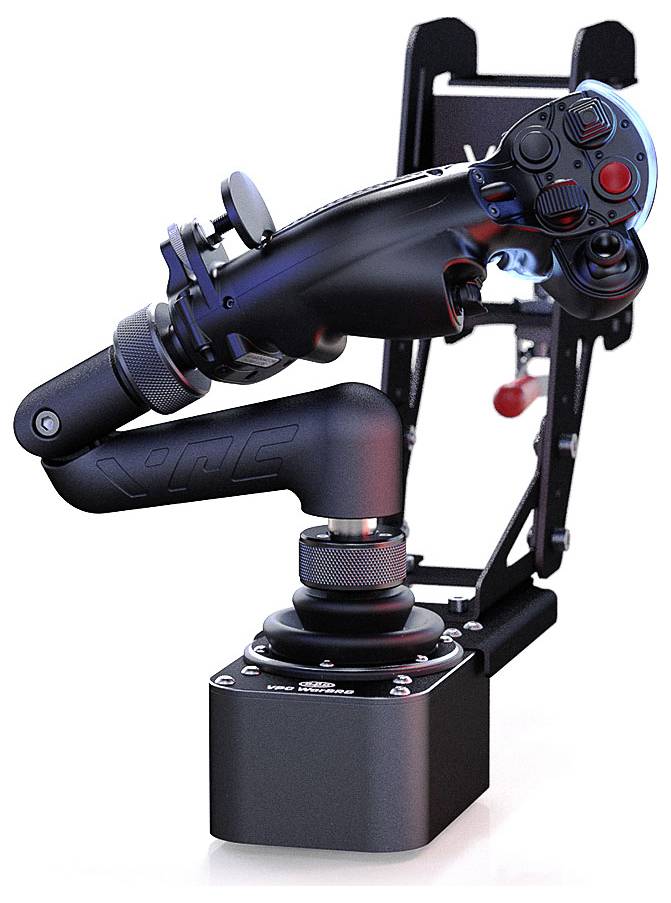 Černý joystick letového simulátoru s tísní a více tlačítky umístěnými na základní podstavě