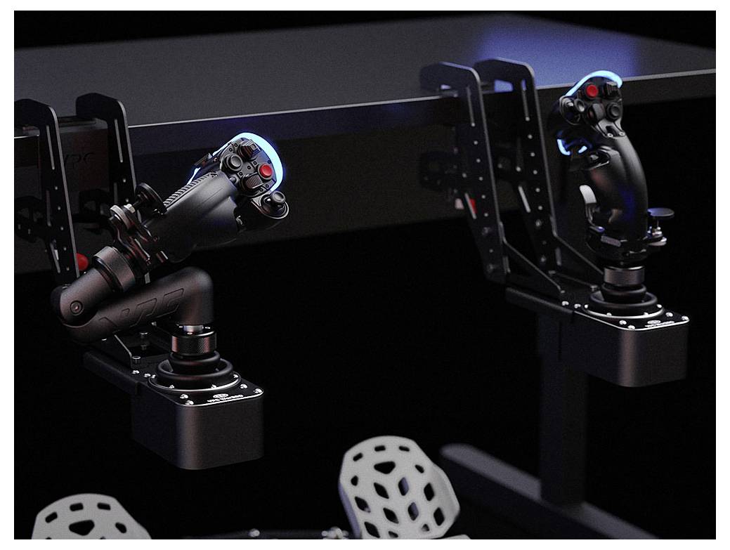 Dva robotické ovladače s joystickem umístěné vedle sebe na černé konzoli nebo kokpitovém panelu.