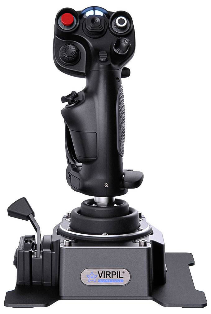 Černý joystick s pákou ovládání letu s více tlačítky a základnou s regulátorem tahu, zobrazený na bílém pozadí.