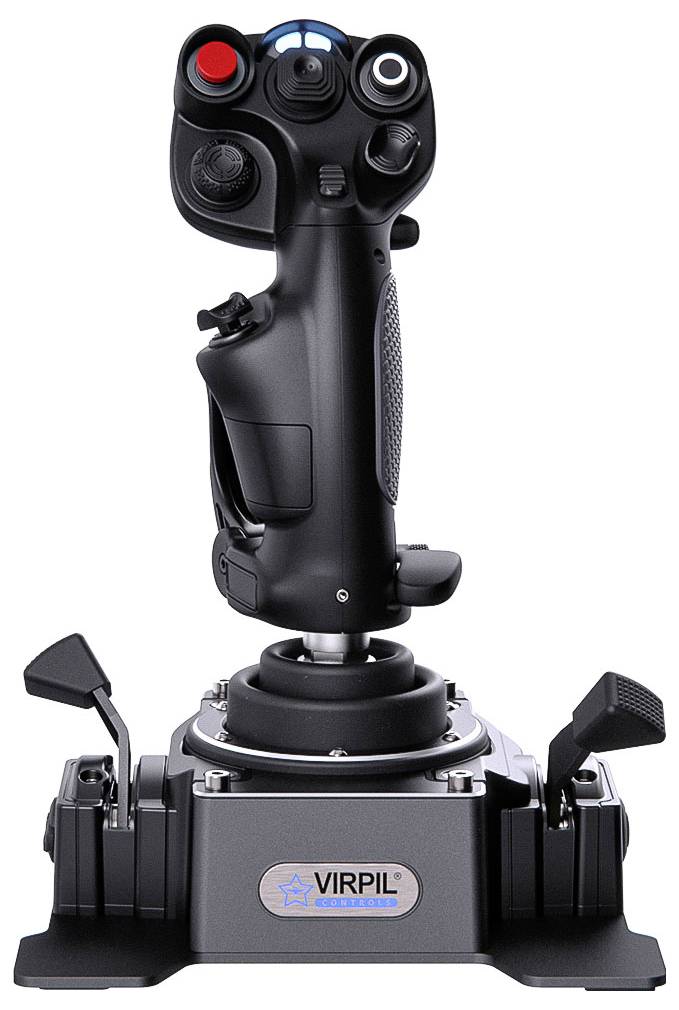Černý joystick VIRPIL pro letové simulace s více tlačítky a ovládáním palcem na montážní základně, zobrazený na bílém pozadí.