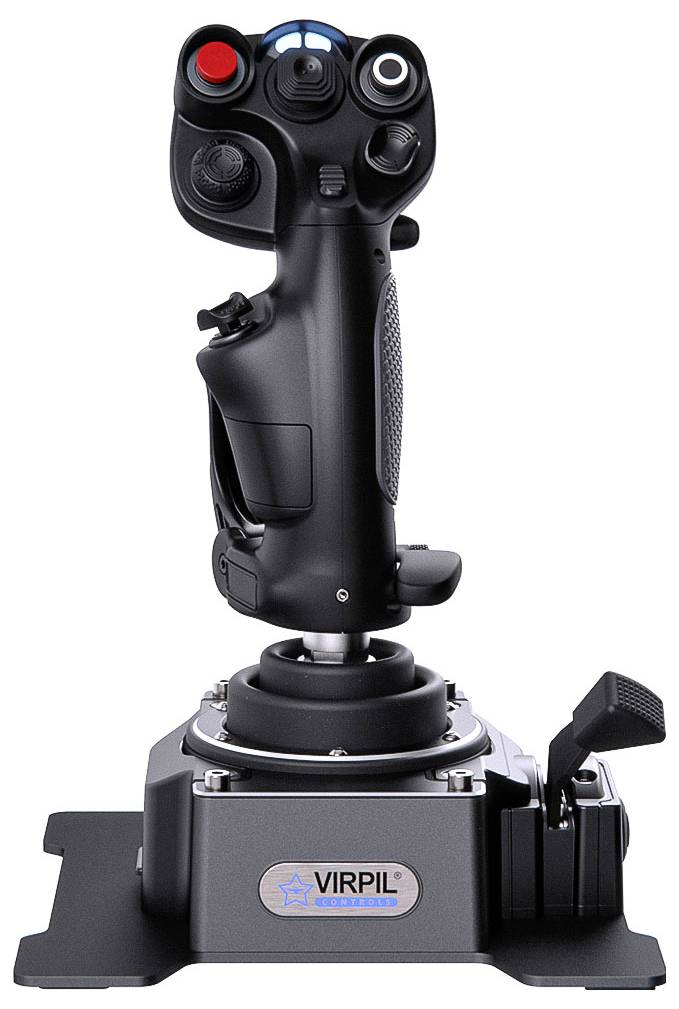 Černý joystick VRPIL Flight Controller s více tlačítky a základnou s regulátorem plynu na bílém pozadí.