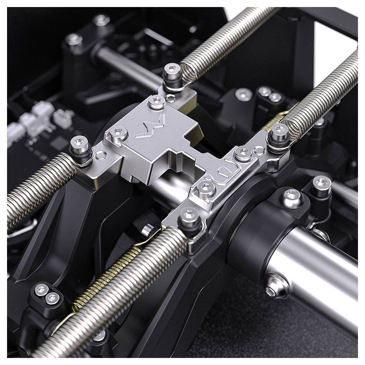 Detailní snímek montáže mechanického lineárního vedení s kovovými držáky, pružinami, šrouby a leštěným hřídelem v průmyslovém stroji.