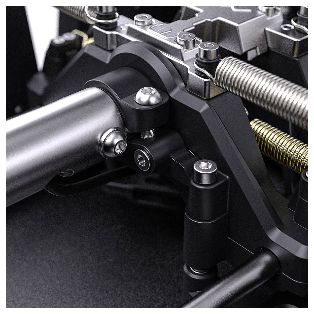 Detailní pohled na mechanické zařízení s kovovými hřídeli, pružinami, šrouby a černými držáky, ukazující přesnou průmyslovou součást.