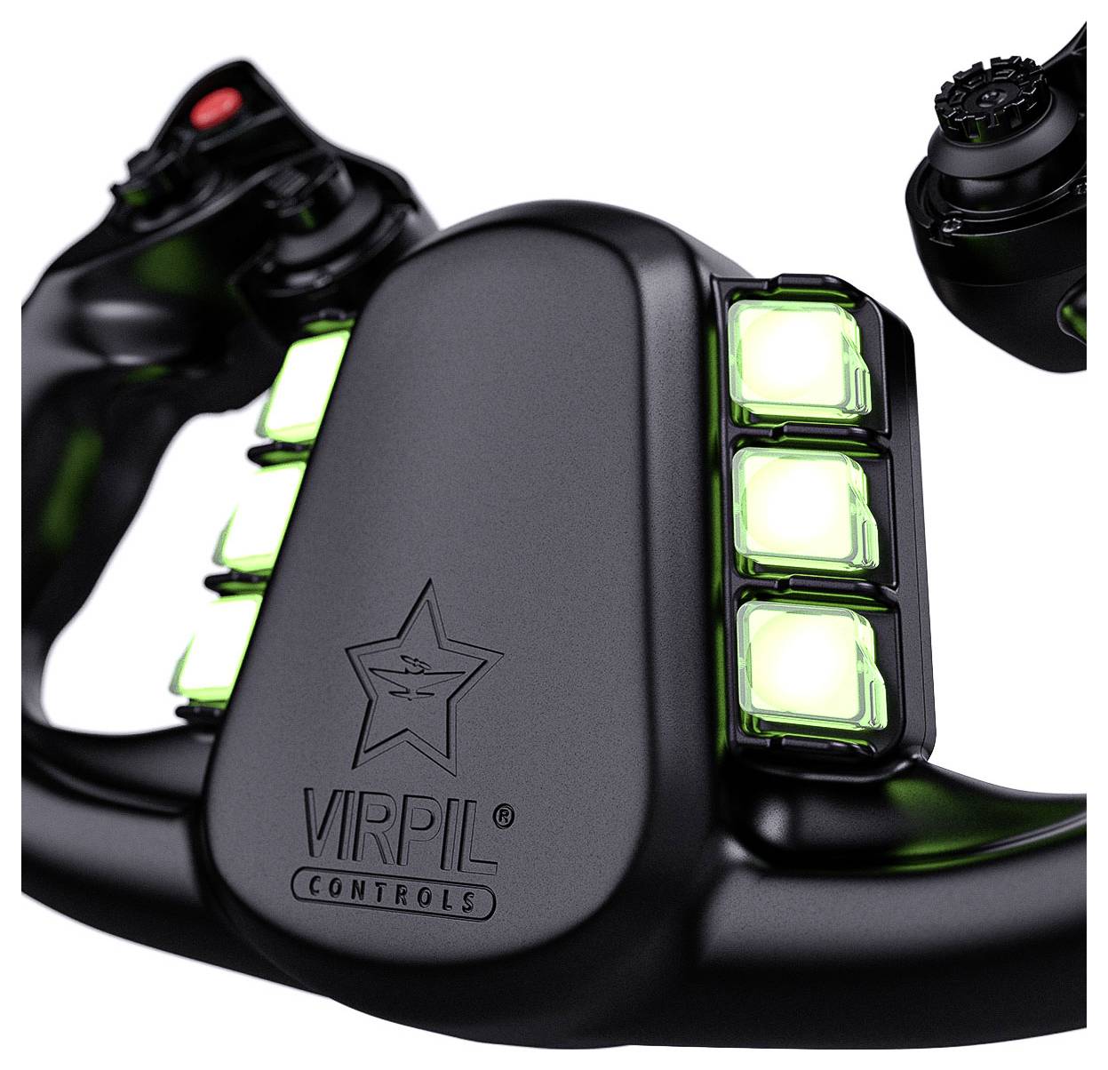 Detailní záběr na rukojeť joysticku VIRPIL Controls se svítícími zelenými tlačítky a červeným spoušťovacím knoflíkem, zobrazený na bílém pozadí.