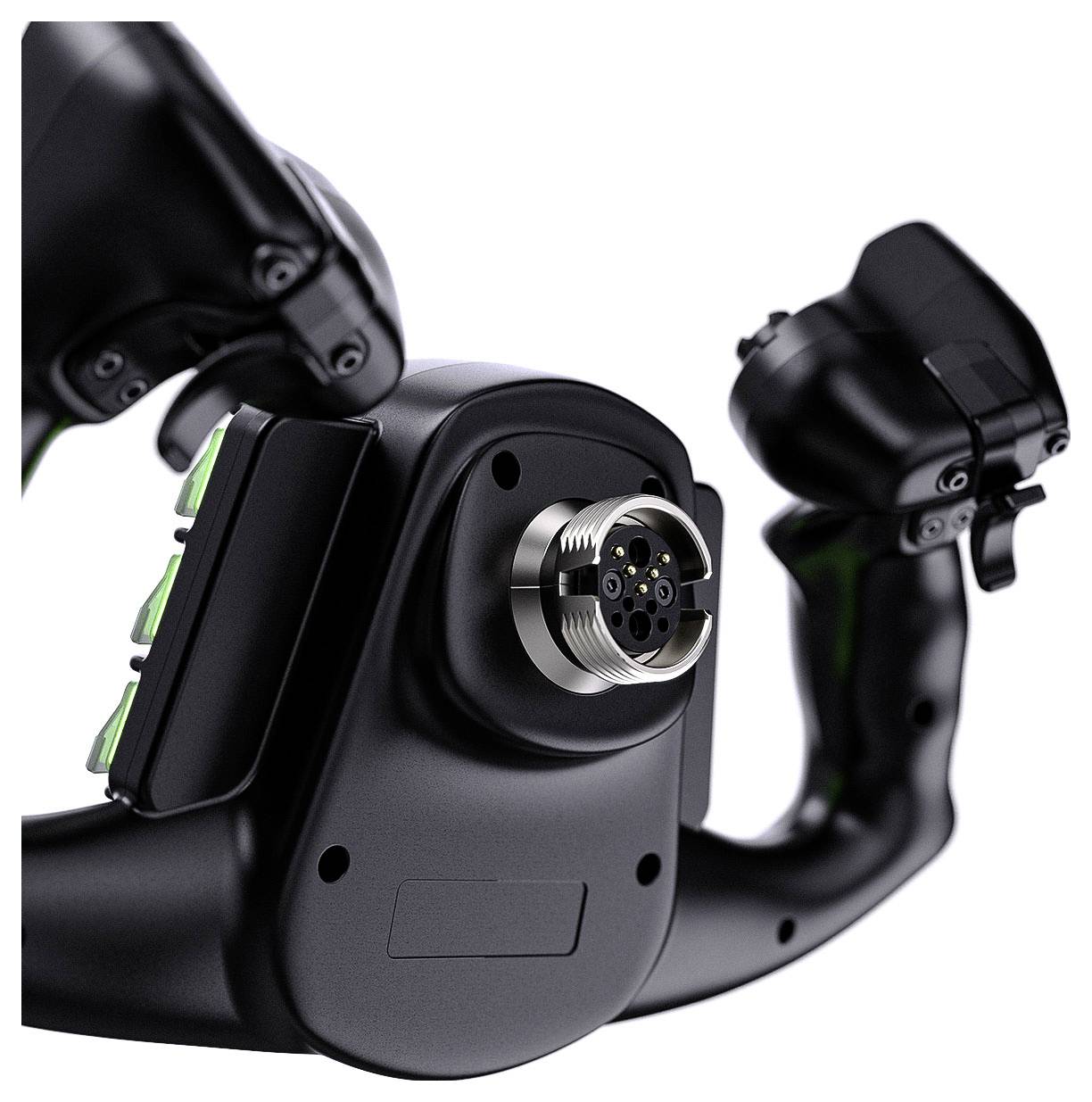 Detailní snímek černého VR ovladače nebo zařízení pro sledování pohybu s kovovým kulatým konektorem a dvěma úchyty pro ruku na bílém pozadí.