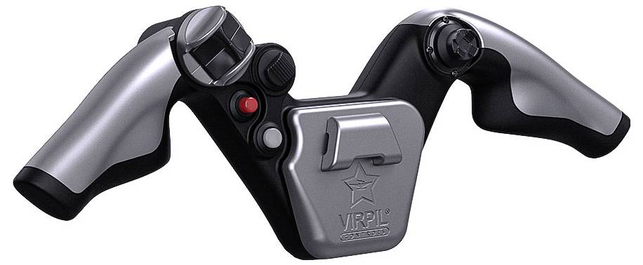 Černobílý VR kontrolér na cvičení se dvěma madly pro uchopení a ústředním modulem, zobrazený na bílém pozadí.