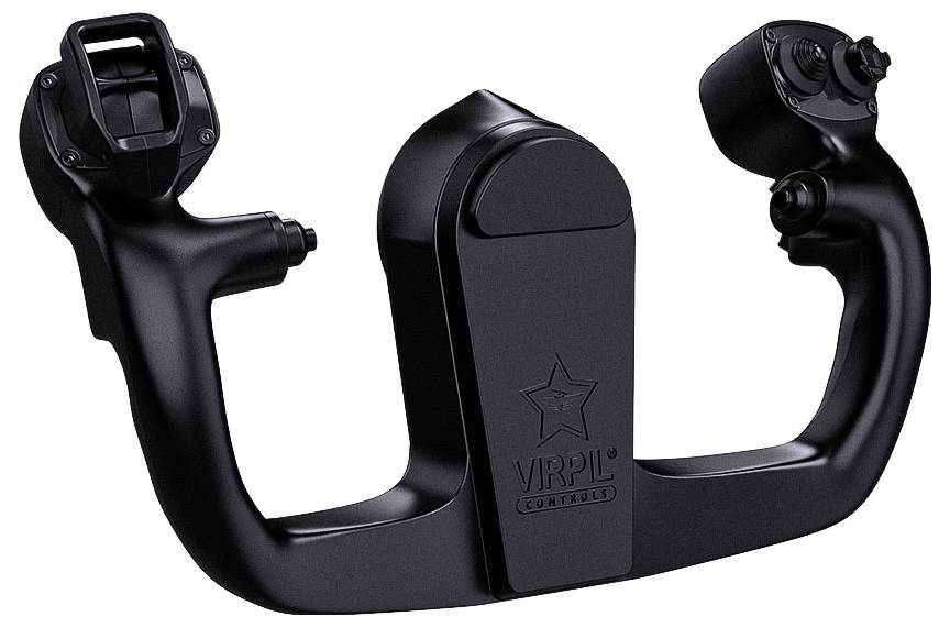 Černý ovladač pistolového typu pro VR s ručními triggery a centrálním modulem se značkou hvězdičky 'VIRPI' na bílém pozadí