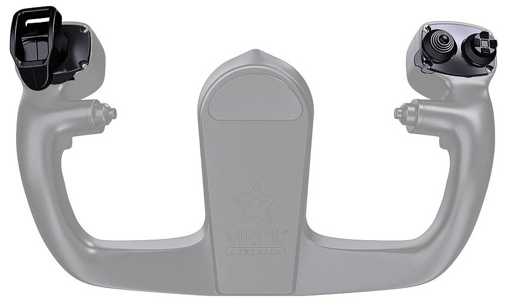Šedý dvouruční herní adaptér VRPIL s úchyty pro joystick zobrazený v přední pohledu na bílém pozadí s černými držáky joysticku na obou rukojetích.
