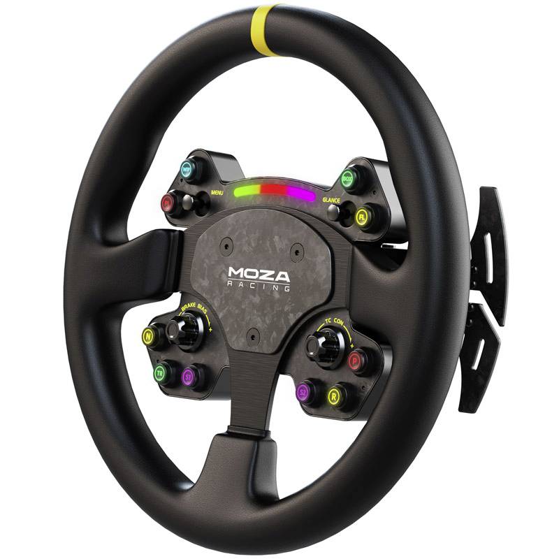 Černý ovladač volantu MOZA Racing s barevnými tlačítky a pádly řazení, zobrazený na bílém pozadí.
