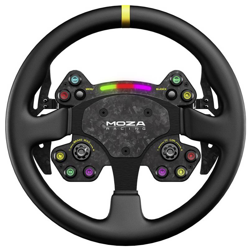 Volant MOZA Racing s kulatým obvodem a vícebarvnými tlačítky, ovládacími prvky a indikátory řazení pro závodní simulátor.