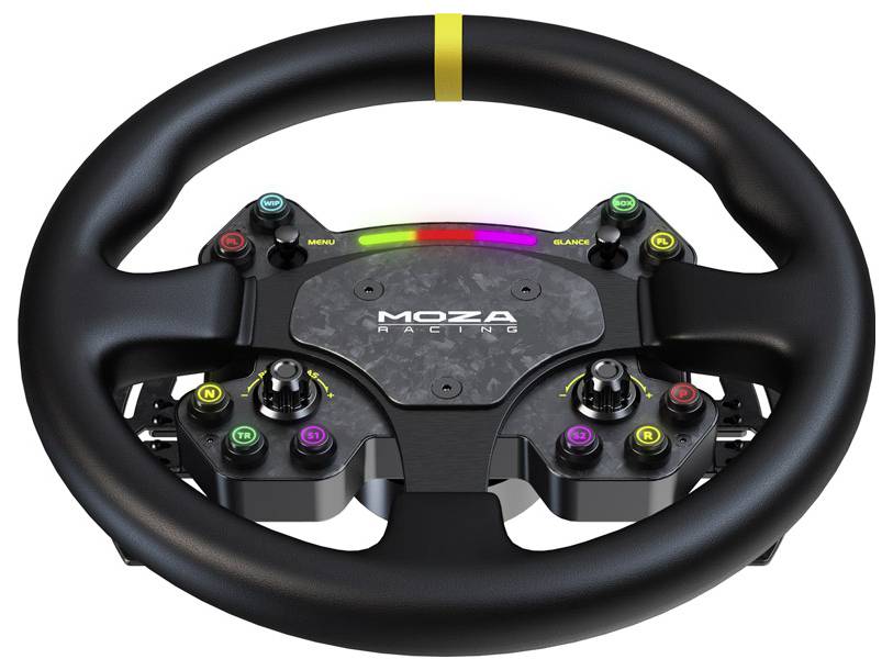 Černý řídící volant MOZA Racing s vícerými barevnými tlačítky, rotačními knoflíky a posuvovými světly pro závodní simulátor.