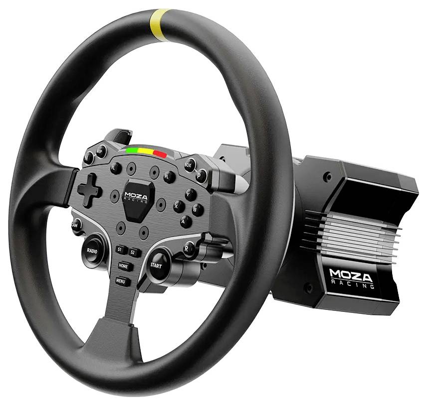 Černý volant MOZA Racing s integrovanými tlačítky a světly pro řazení, připevněný k základně se zpětnou vazbou síly na bílém pozadí.