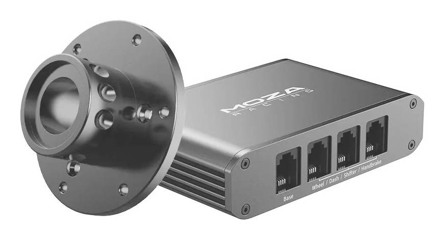 Průmyslový modul elektronického rozhraní s kruhovou přírubou pro montáž a čtyřmi síťovými porty označenými „Base", „Wheels", „Dash", „Shifter" a „Handbrake".