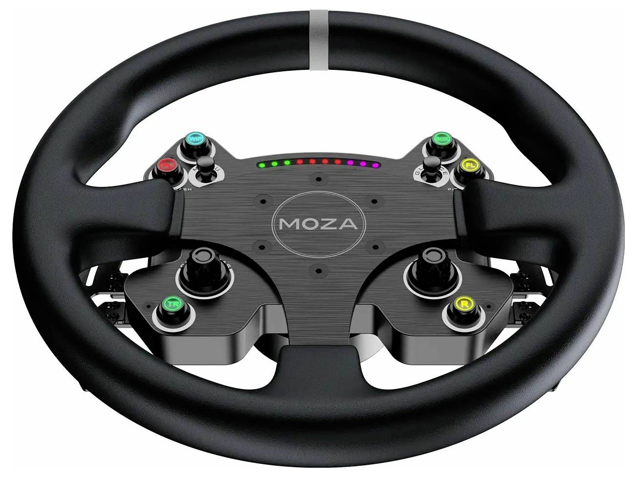 Černý volant MOZA racing s barevnými tlačítky a středovými indikačními LED diodami na bílém pozadí