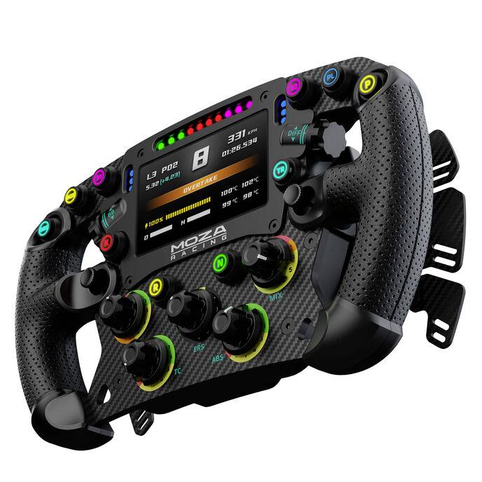 Karbon-vlákenný závodní řadič volantu s více barevnými tlačítky, rotačními ovladači a centrálním digitálním displejem značeným "MOZA RACING".