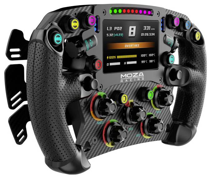 MOZA Racing simuační volant ve stylu Formule s centrálním displejem, LED světly pro řazení a více popisovanými ovládacími knoflíky a tlačítky.