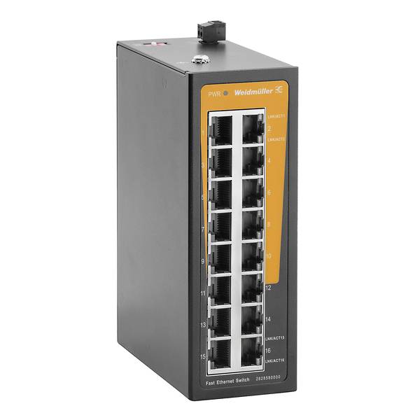 Průmyslový Weidmüller Fast Ethernet přepínač se 16 porty RJ45 na černé kovové skříni a oranžovým čelním panelem.