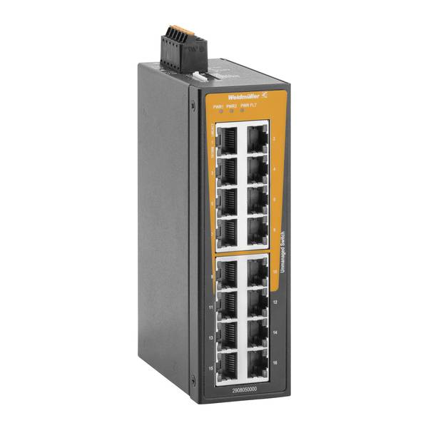 Průmyslový ethernetový přepínač s oranžovým předním panelem, osmi porty RJ45 a konektorem napájení v horní části, zobrazený na bílém pozadí.