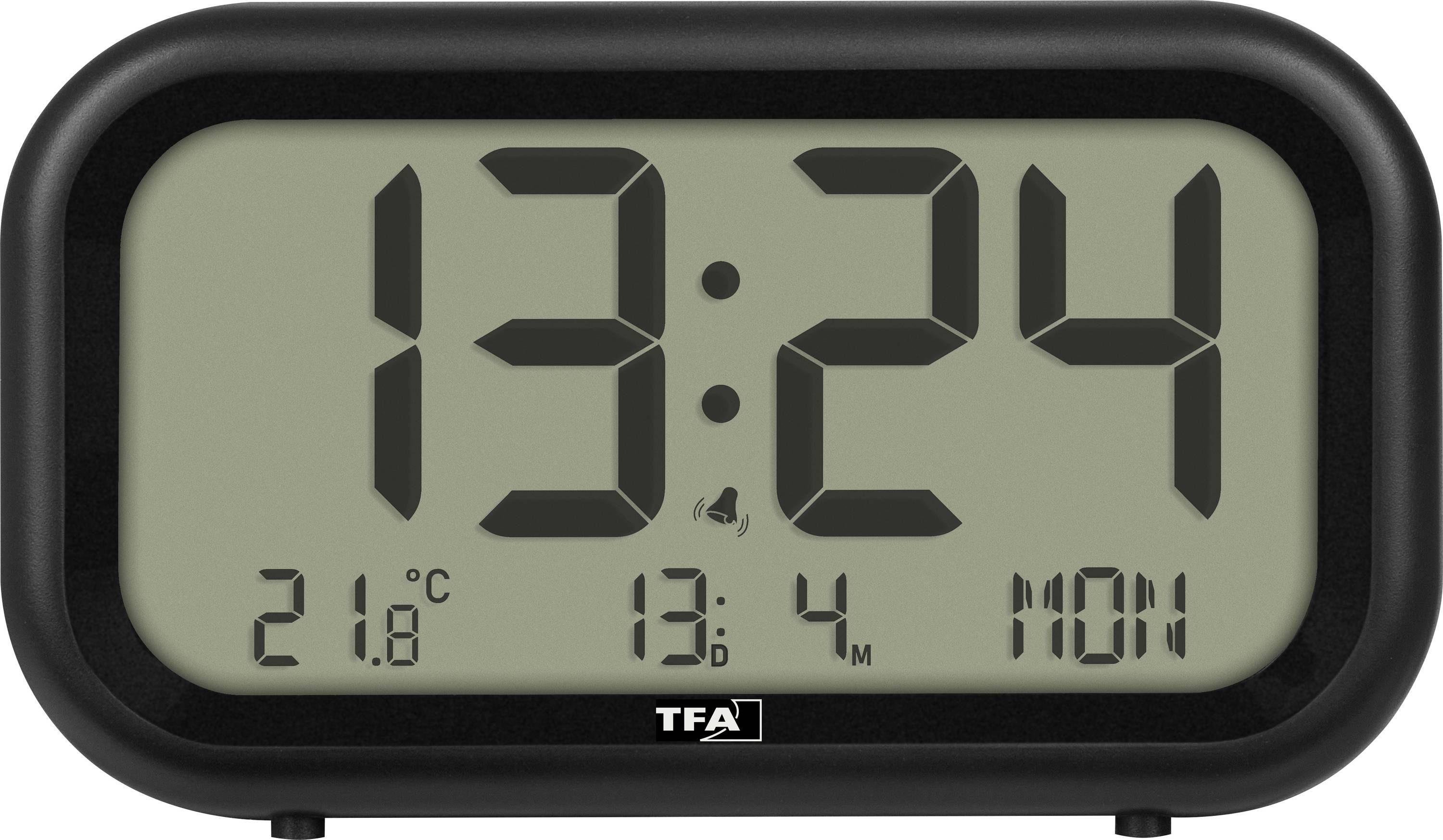 Digitální budík zobrazující 13:24, 21,8°C a pondělí s logem TFA.