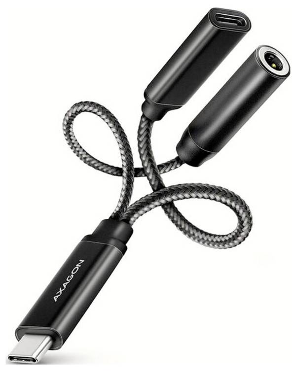 AXAGON USB 2.0 adaptér [2x USB-C® zásuvka (nabíjení), jack zásuvka 3,5 mm - 1x USB-C® zástrčka]
