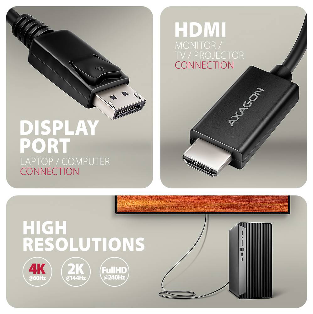 AXAGON RVD-HI20C2 HDMI / DisplayPort adaptér [1x HDMI zástrčka - 1x zástrčka DisplayPort] černá 1.8 m-1