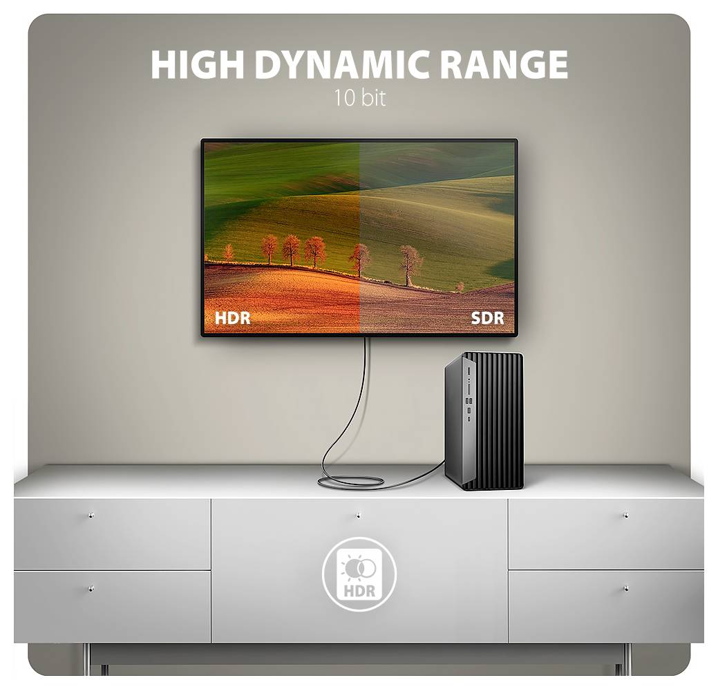 Plakát s demonstrací televizoru "HIGH DYNAMIC RANGE" (VYSOKÝ DYNAMICKÝ ROZSAH) v 10-bitech, rozdělená obrazovka s HDR versus SDR krajinou, s připojeným stolním zařízením na skříni.