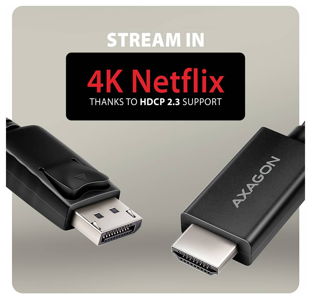 Propagační obrázek dvou HDMI kabelů s textem „STREAM IN 4K Netflix" a „DÍKY PODPOŘE HDCP 2.3" plus značka AXAGON.