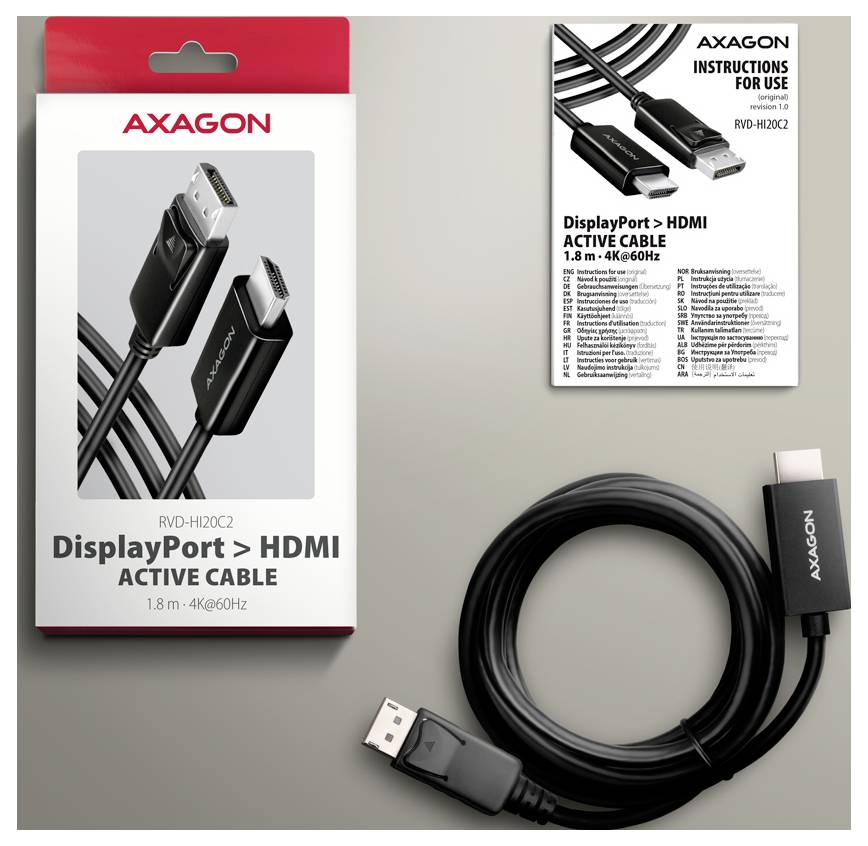AXAGON RVD-HI20C2 HDMI / DisplayPort adaptér [1x HDMI zástrčka - 1x zástrčka DisplayPort] černá 1.8 m-5