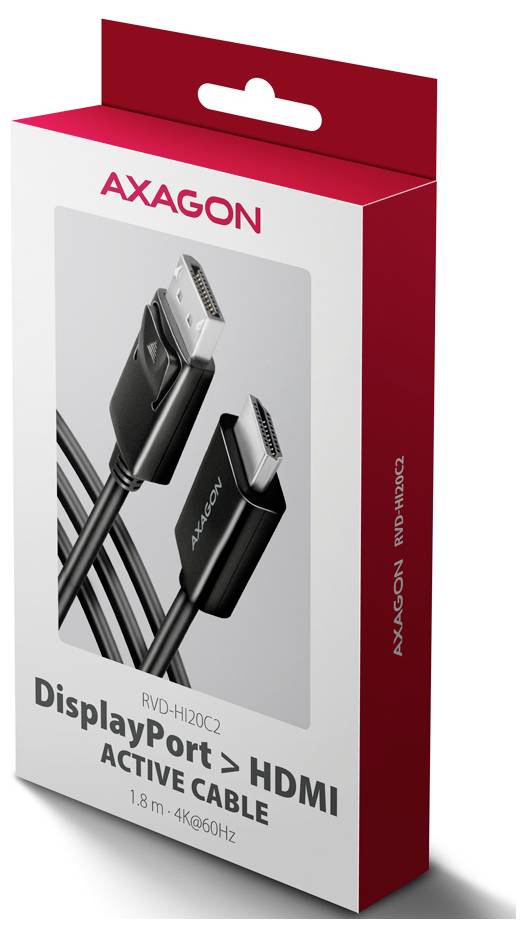 AXAGON DisplayPort na HDMI aktivní kabel prodejní balení, zobrazující kabel 1,8 m 4K@60Hz a model produktu RVD-HI20C2.