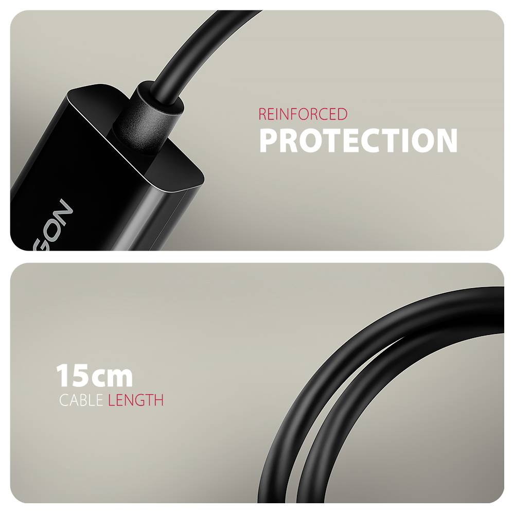 Dvoupanelový obrázek produktu zobrazující černý kabel se zesílenou ochranou konektoru a délkou kabelu 15 cm.