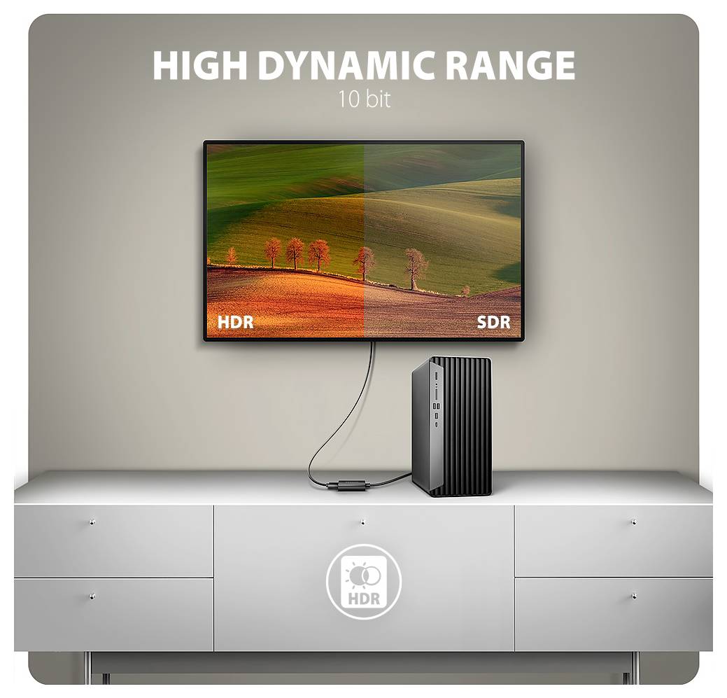 Propagační obrázek porovnávající HDR a SDR na monitoru, označený "HIGH DYNAMIC RANGE" a "10 bit", s HDR počítačovou věží níže.