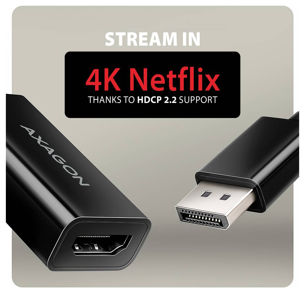 Propagační obrázek adaptéru Axagon s konektory HDMI a USB-C, propagující "Streamování v 4K Netflix" díky podpoře HDCP 2.2.