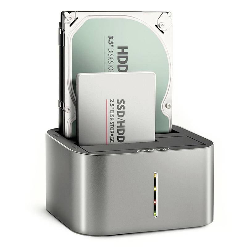 Dokovací stanice se sloty pro 3,5palcový HDD a 2,5palcový SSD/HDD, s předními stavovými indikátory.