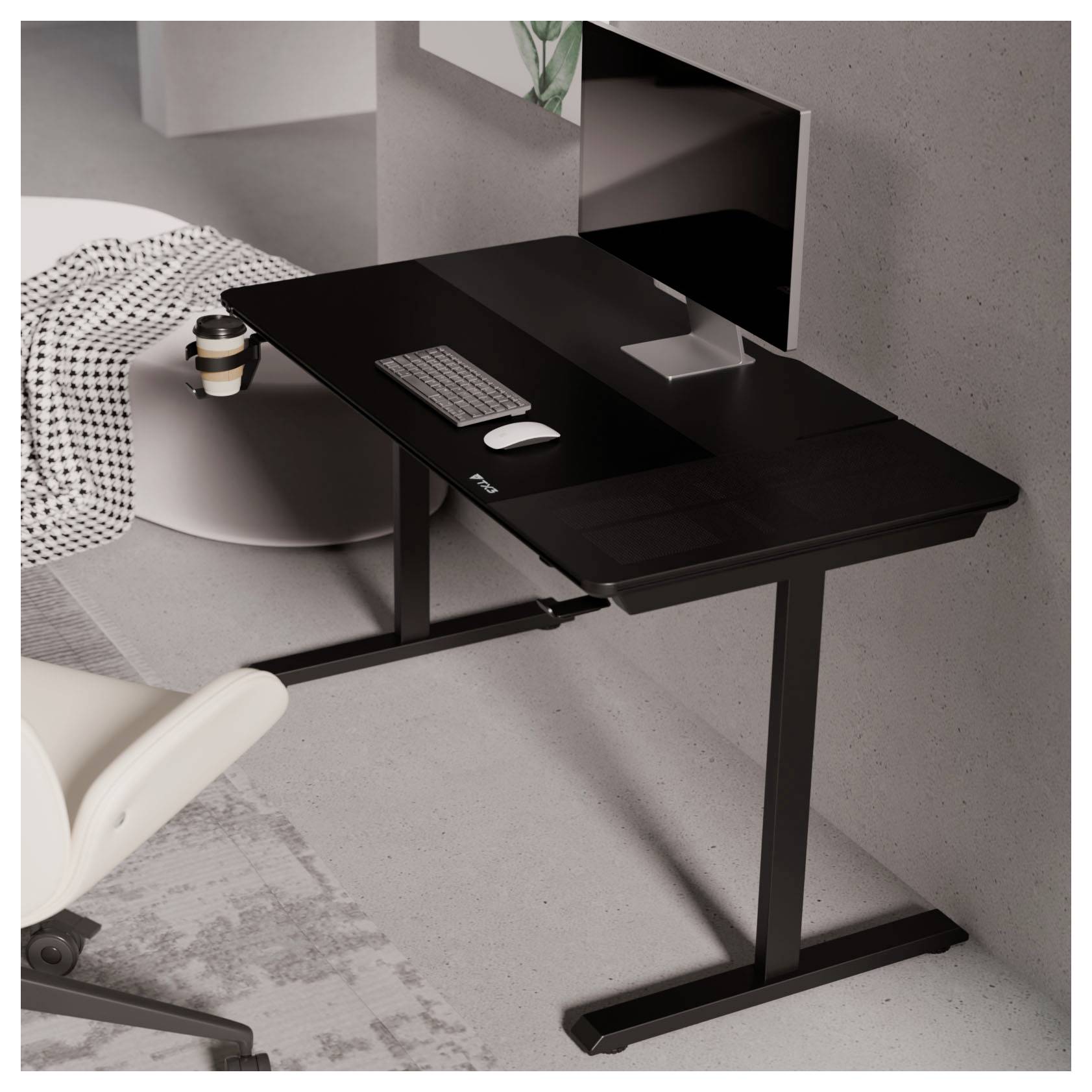 Minimalistický černý stůl s klávesnicí a myší vedle postele, s výkrojkou pro monitor ve stěně