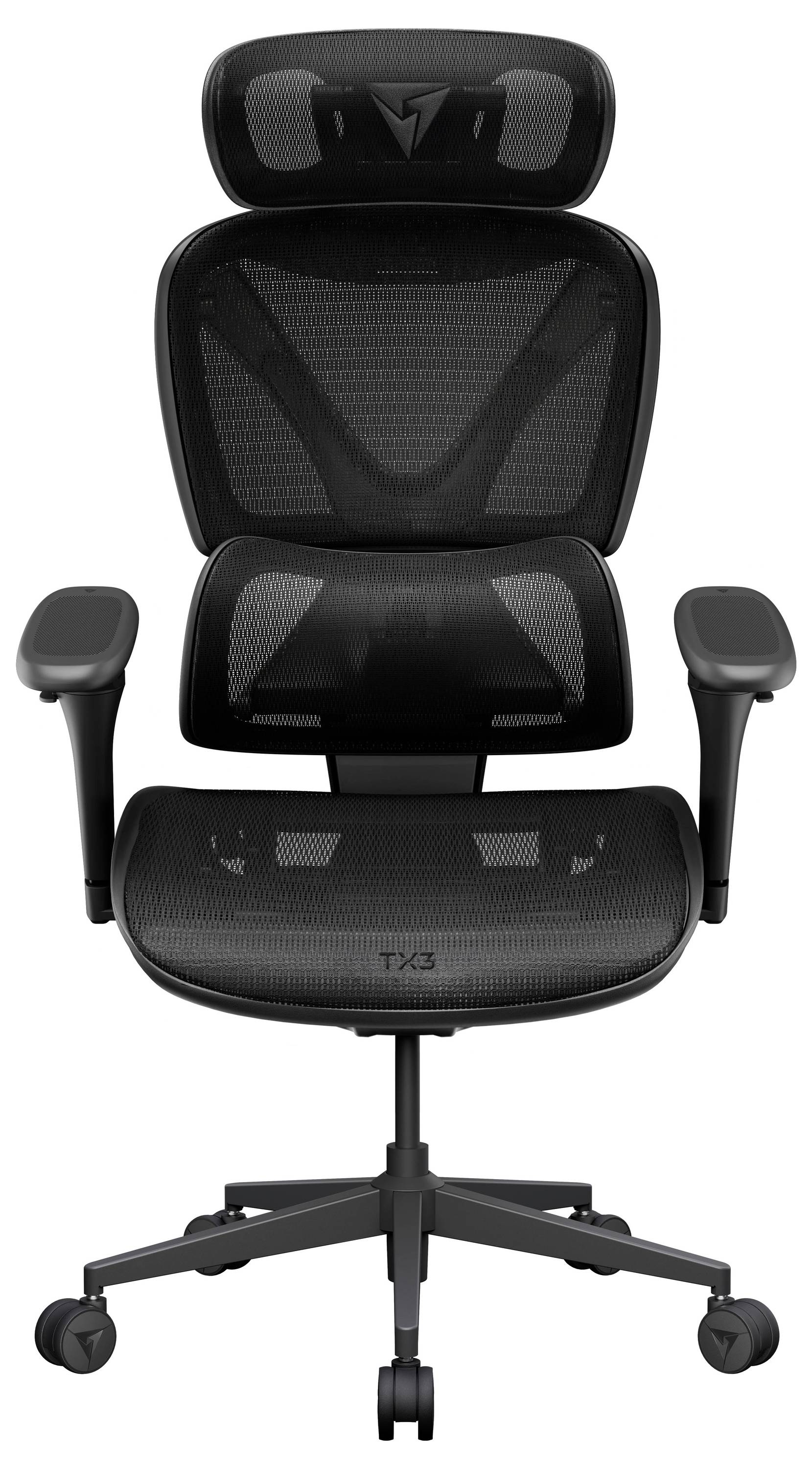 Černá ergonomická kancelářská židle s opěrkou hlavy, sítovým opěradlem, nastavitelnými područkami, podporou bederní páteře a pětikolové základnou na bílém pozadí