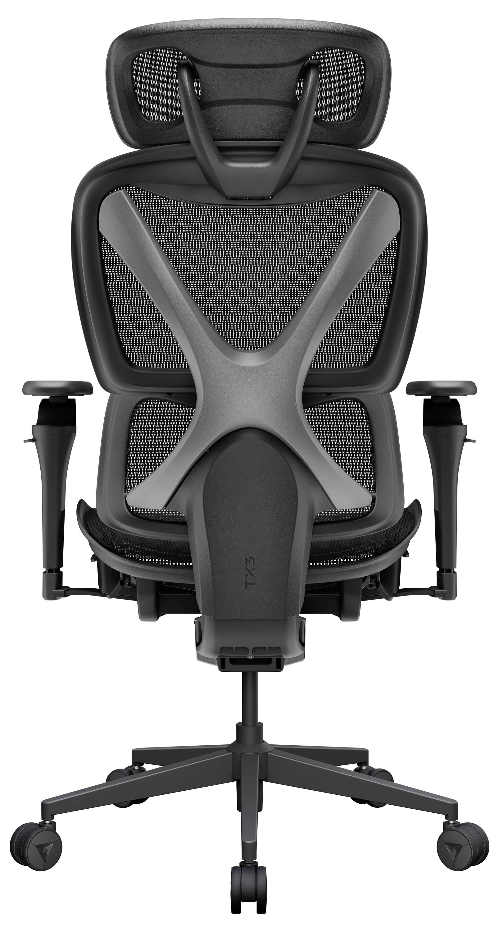 Přední pohled na černou ergonomickou kancelářskou židli s opěradlem hlavy, síťovaným opěradlem, nastavitelnými područkami a pětikola.