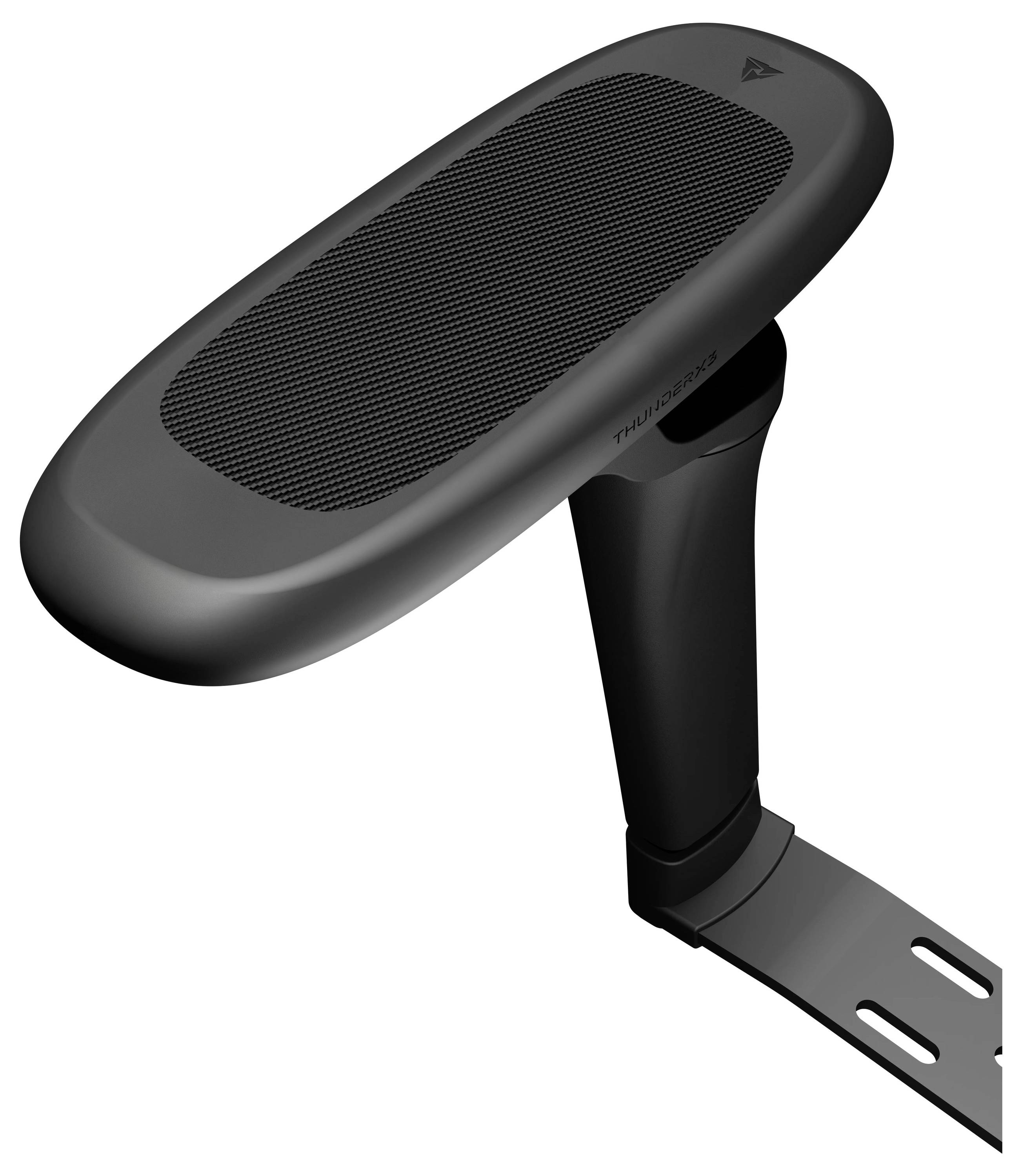 Černá ergonomická hlavová opěra nebo polštář připevněný na nastavitelné kovové konzole na bílém pozadí.