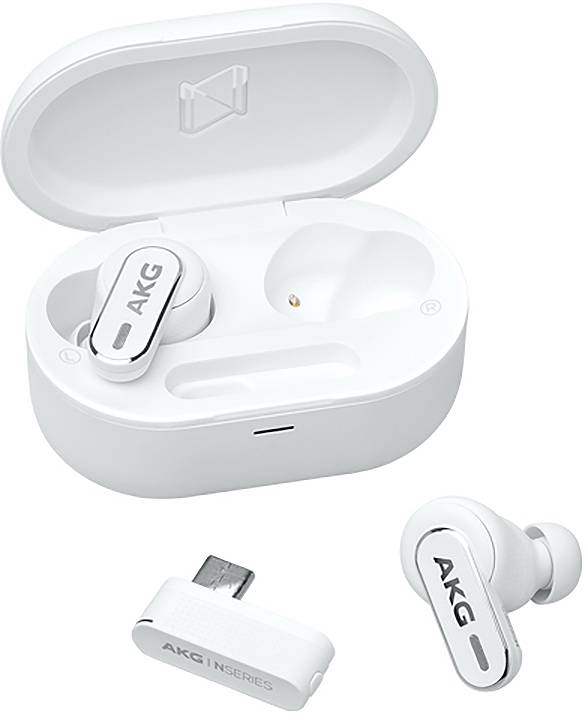 Bílá bezdrátová sluchátka AKG true wireless v otevřeném nabíjecím pouzdře s USB-C adaptérem a jedním sluchátkem zobrazeným odděleně.