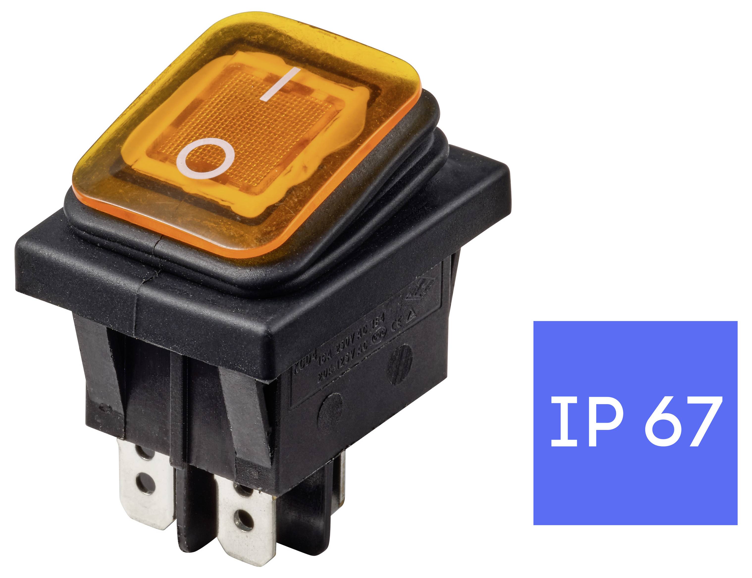 Oranžový podsvícený kolébkový spínač se symboly 'I' a 'O', označený IP67 pro vodotěsnou ochranu.