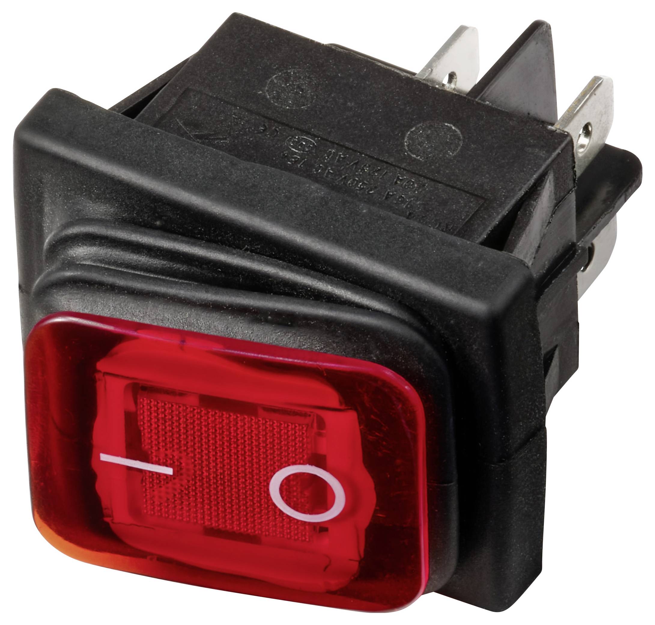 Červený osvětlený kolébkový spínač se symboly 'I' a 'O' na černé plastové elektrikářské součástce.