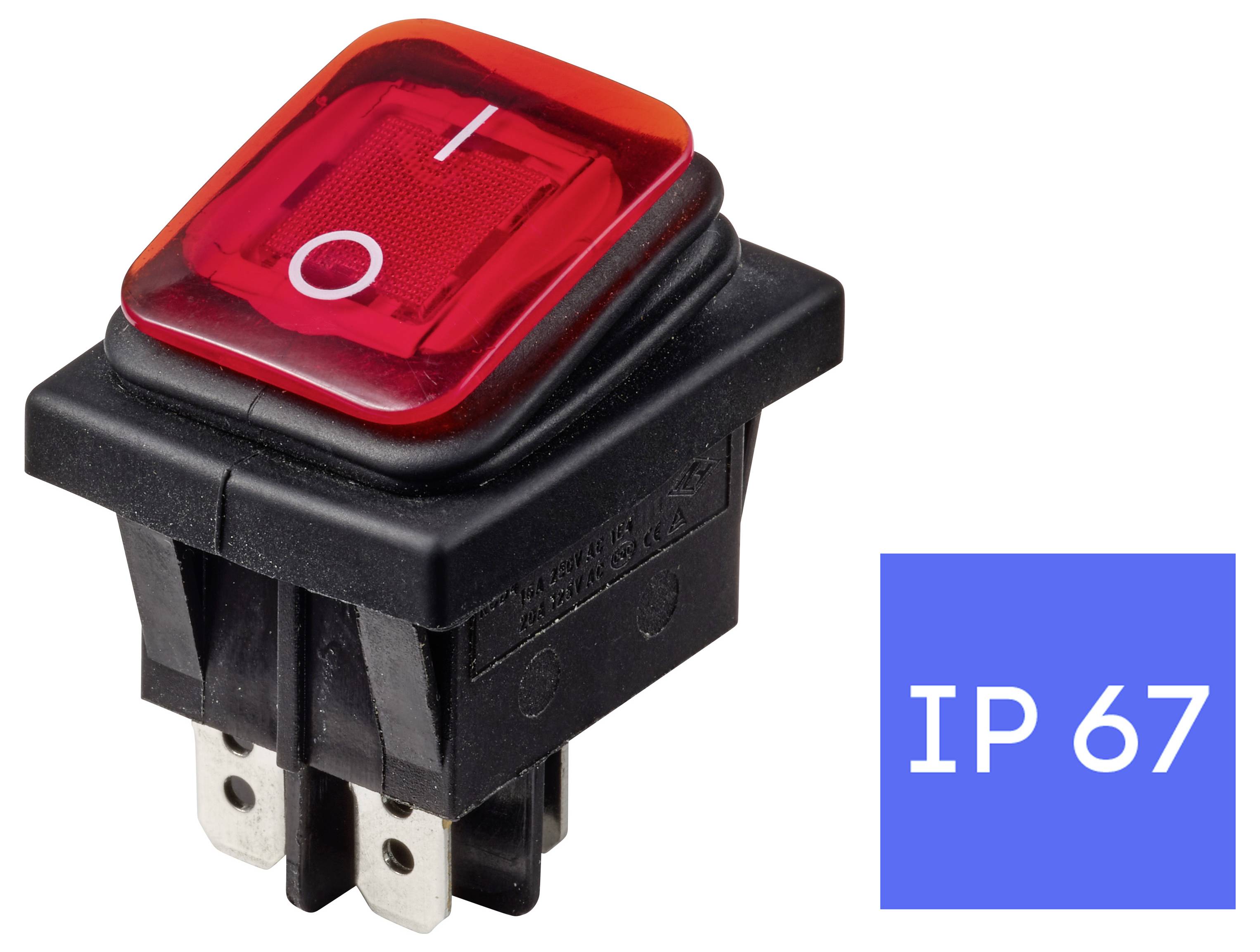 Červený podsvícený kolébkový spínač se symboly „I" a „O", označený IP67 pro ochranu proti prachu a vodě.