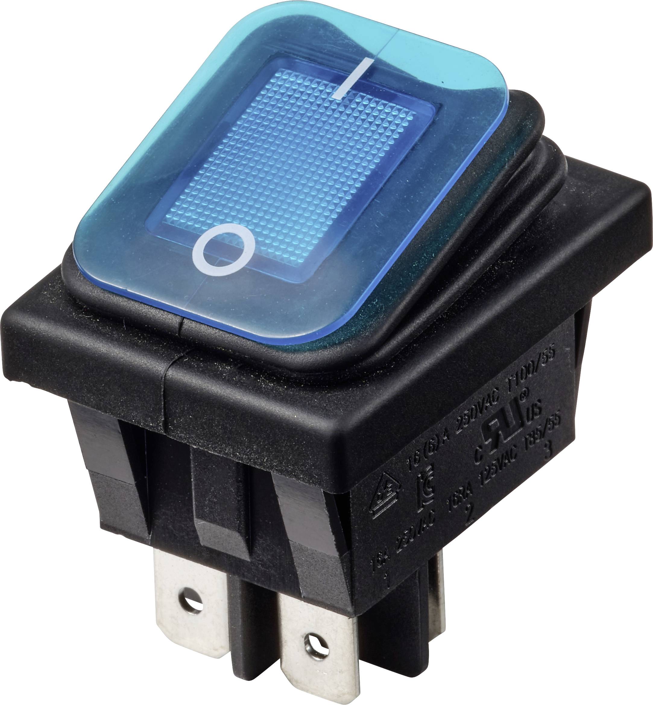 Modrý osvětlený kolébkový přepínač se symboly 'I' a 'O' na černém elektrickém těle přepínače s kovovými svorkami.