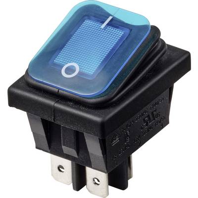 Modrý osvětlený kolébkový přepínač se symboly 'I' a 'O' na černém elektrickém těle přepínače s kovovými svorkami.