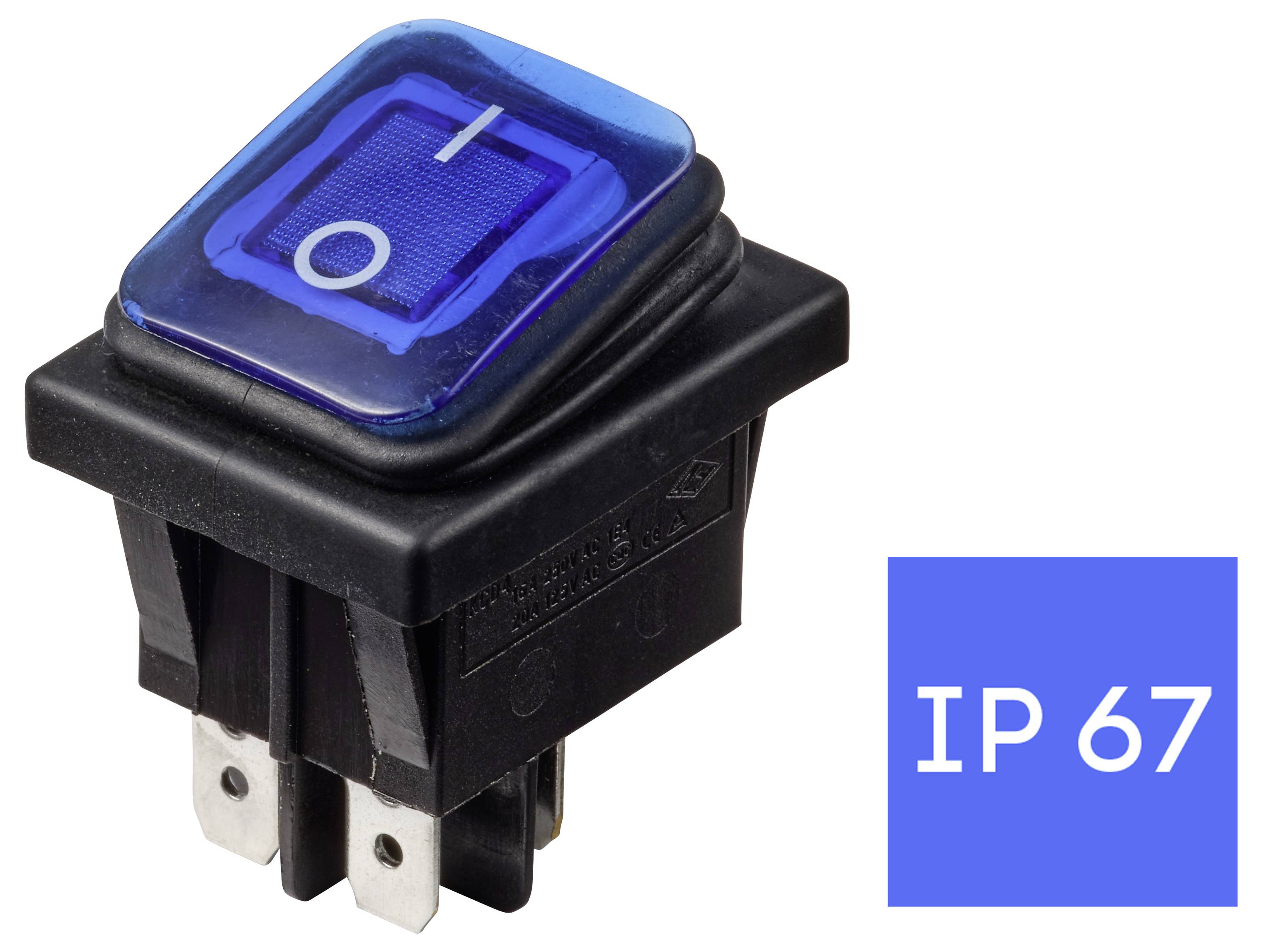Modrý podsvícený kolébkový přepínač označený 'IP67' pro vodotěsné/prašuvzdorné hodnocení.