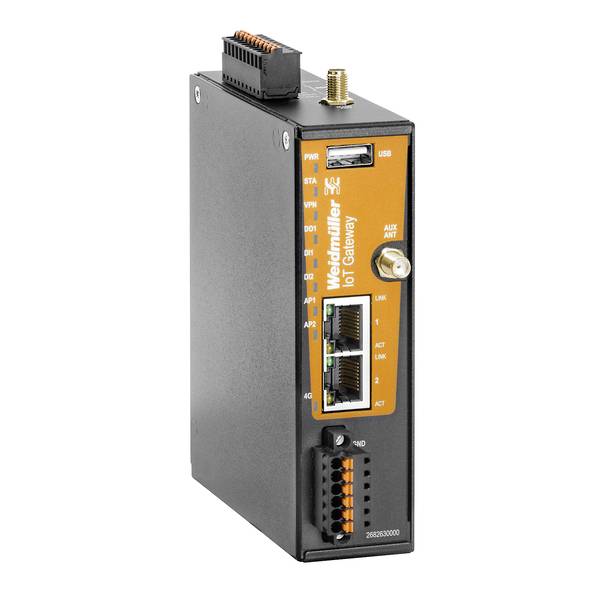 Černé průmyslové zařízení brány Weidmüller IoT s USB, konektorem antény, porty Ethernet a svorkovnicí