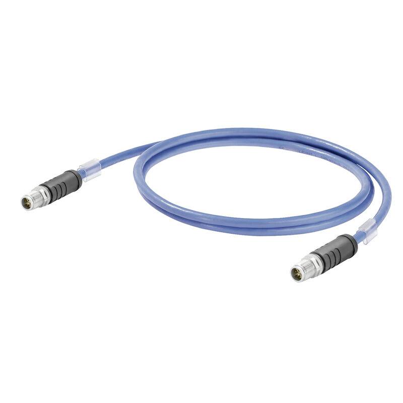 Modrý kabel s kulatými kovovými konektory na obou koncích, zobrazen srolovaný na bílém pozadí.