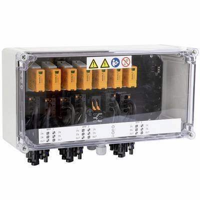 Vodotěsná elektrická spojovací krabice s více oranžovými moduly a konektory kabelů uvnitř čiré ochranné skříně se bezpečnostními štítky na přední straně.